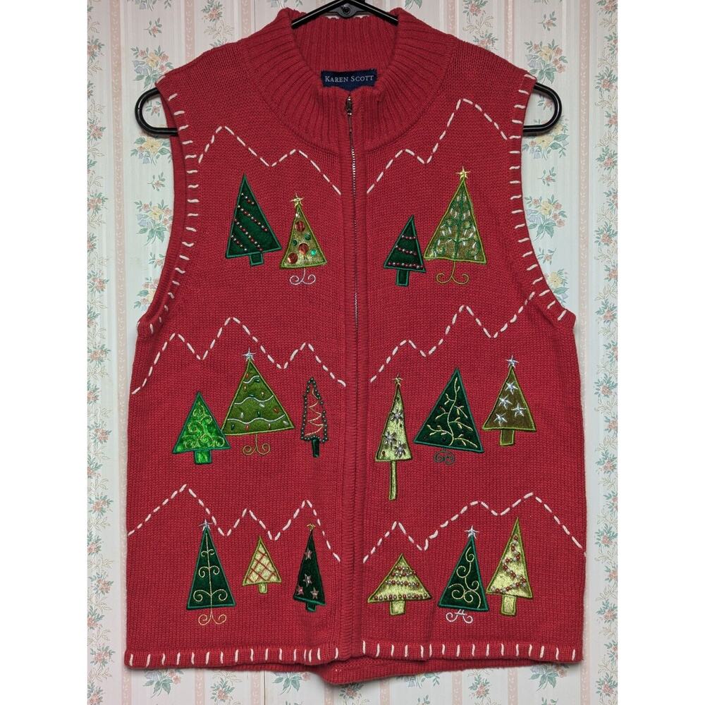 Karen Scott Christmas Tree Sweater Vest WOMENS SMALL red full zip festive ugly